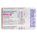 クタン-100、ジェネリックセロクエル、クエチアピン100mg 包装裏面